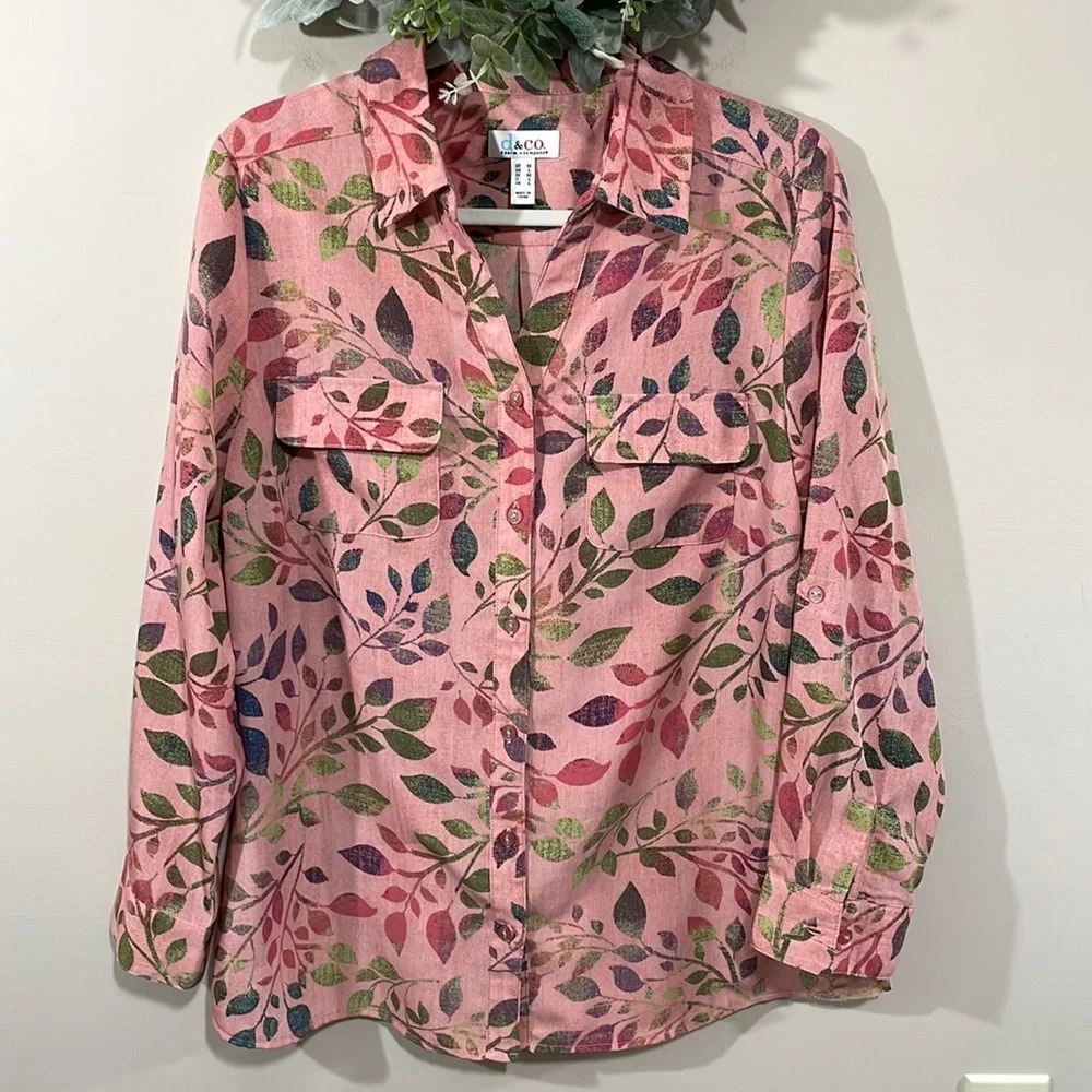 NWOT Denim & Company Pink Floral Woven Button Front Roll Tab Sleeve Tunic M